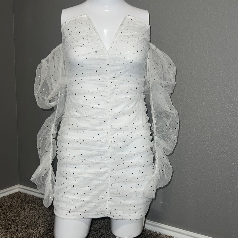 Women’s formal White Sheer Mini dress, S/M